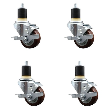 Service Caster 3'' SS Maroon Poly Swivel 1-7/8'' Expanding Stem Caster Set with Brake, 4PK SCC-SSEX20S314-PPUB-MRN-TLB-178-4